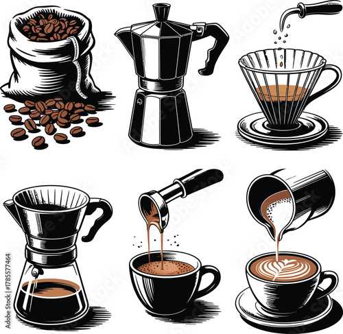 Black and White Coffee Brewing Illustrations Kettle, Beans, Cup, and Preparing Process