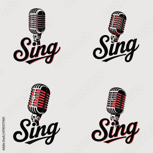 Vintage microphone with sing text in retro style on light background song music