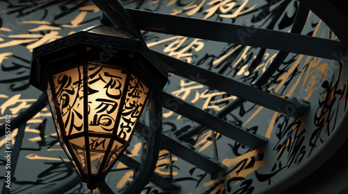 Beautiful lantern illuminates intricate Chinese script on light background, showcasing rich heritage and artistic expression