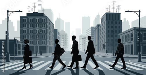 Cityscape Business People Crossing Street Pedestrian Crossing Buildings Metropolis