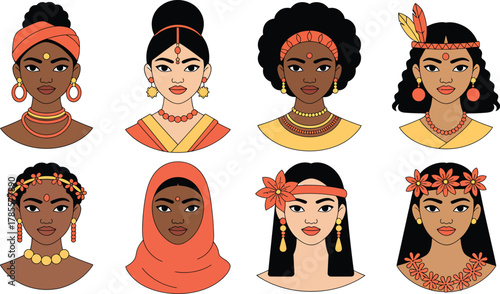 Diverse Women Faces in Cultural Attire Vector Illustration Beautiful Female Portraits