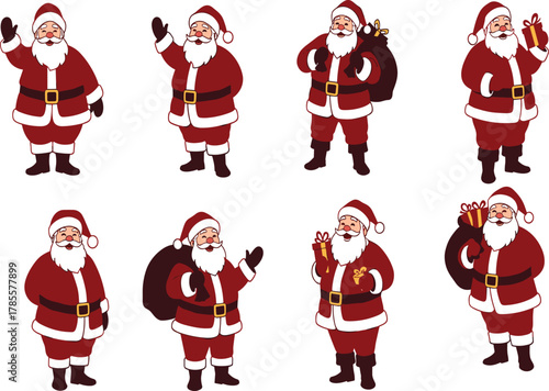 Collection of cheerful Santa Claus cartoon characters with gifts and bags, festive Christmas holiday design, joyful winter celebration illustration, vector art