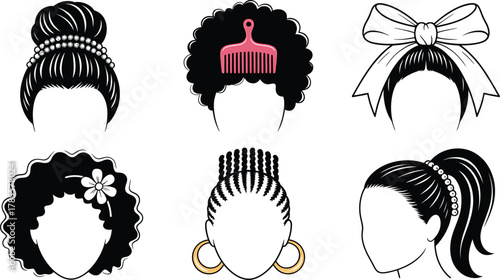 Hairstyle Collection Diverse Hair Black Afro Braids Bow Vector