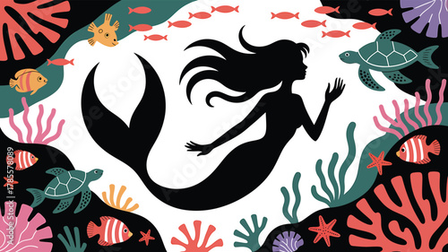 Mermaid Silhouette Undersea Fantasy Art Ocean Coral Reef Creative Design Aquatic Style
