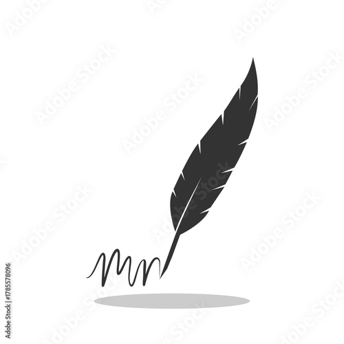 Feather quill pen logo and ink pot icon with shadow