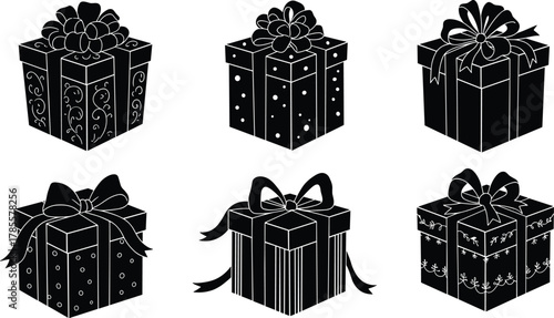 Black and white gift box silhouette collection with ribbons and bows, elegant Christmas present vector illustration, festive holiday design