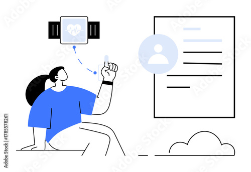 Woman interacts with a smartwatch transferring health data to a digital profile, representing fitness tracking, personal health management, and cloud data storage. Ideal for tech, health, well-being