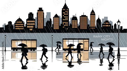 Rainy City Nights Pedestrians Silhouette Vector Artwork Template on a Transparent Backdrop