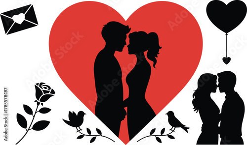 Silhouette Celebration of Love  Couple in Heart with Floral and Bird Accents Illustration