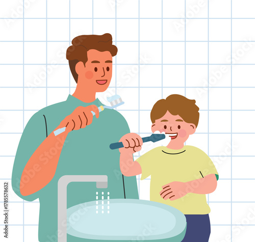 Daily hygiene routine with happy family brushing teeth together
