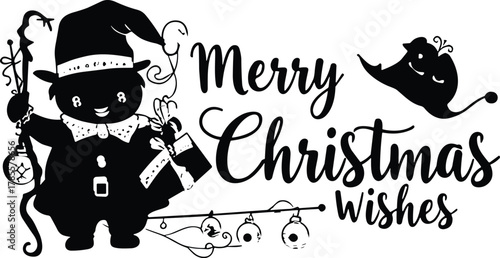 Merry Christmas wishes typography with cute Santa silhouette, festive holiday greeting vector illustration, winter celebration design, black and white artwork