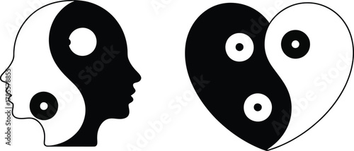 Yin Yang Symbol in Human Profile and Heart Shape Abstract Dualism and Harmony Concept