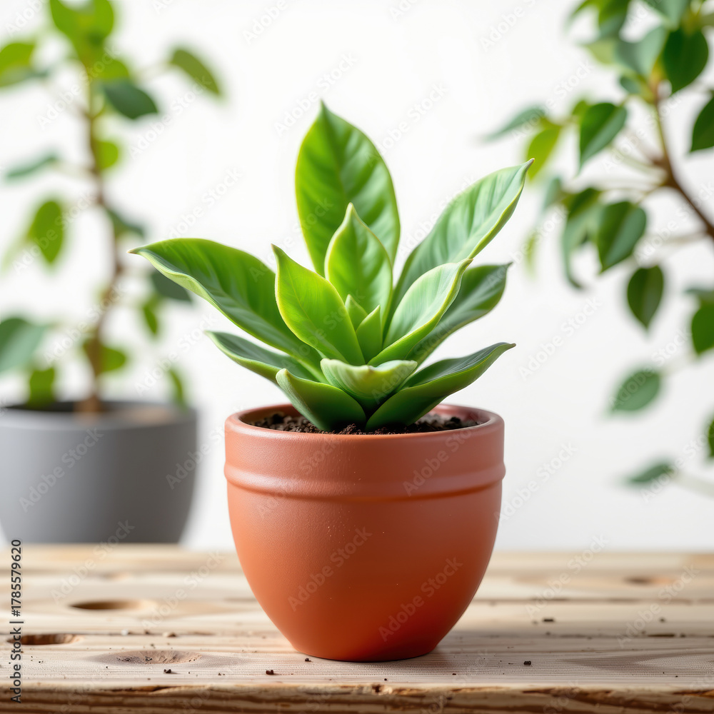 Obraz premium Green garden plant in terracotta pot with fantasy style and clipart look on wooden table