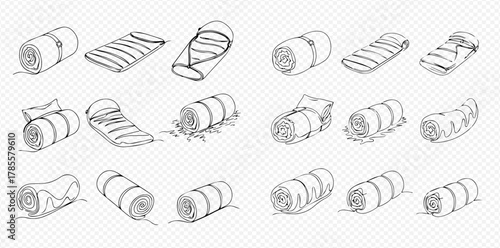 Set of hand-drawn sleeping bags and mats in various rolled and unrolled states, perfect for camping and outdoor activities.