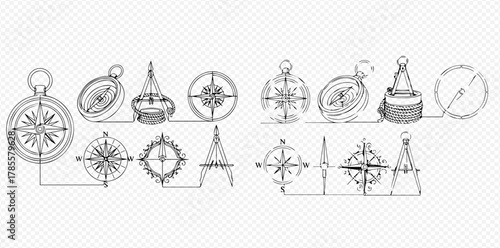 Hand-drawn collection of vintage compasses and nautical compass roses for navigation and exploration.