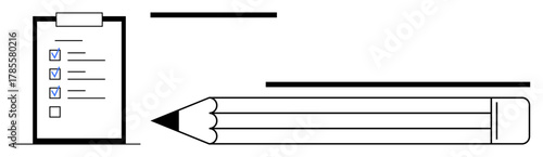 Clipboard with checklist and large pencil emphasizing task completion, organization, and productivity. Ideal for planning, education, workflow, goal-setting, personal growth, analysis simple flat