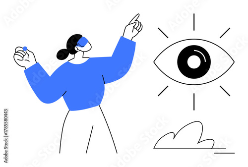Woman gesturing towards a symbolic eye with radiating lines, highlighting focus, awareness, vision. Ideal for creativity, idea generation, mindfulness, innovation, guidance exploration simple flat