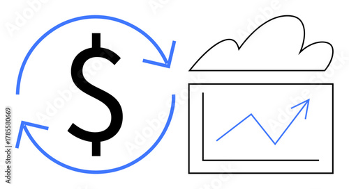 Dollar sign surrounded by circular arrows next to cloud-backed chart showing upward trend. Ideal for finance, investment, analytics, cloud computing, technology, business, data tracking. Simple flat