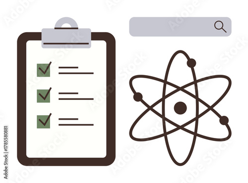 Checklist with marked tasks, atom model with electrons, and search bar. Ideal for education, research, organization, evaluation, productivity scientific method and discovery. Simple flat metaphor