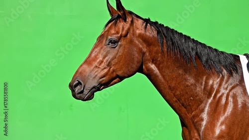 Majestic Brown Horse with Wet Coat Stands Against Vibrant Green Screen