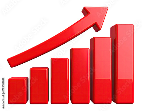 Glossy red bar graph shows positive growth with an upward-pointing arrow