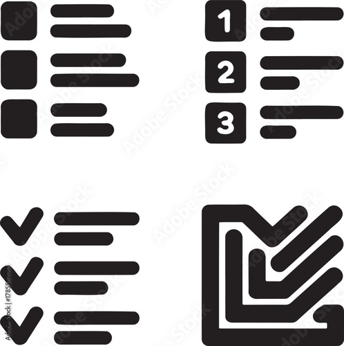 Black and White Task Management Icons – Bullet, Numbered, and Completed Lists 