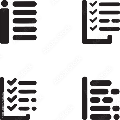 Black and White Task Management Icons – Bullet, Numbered, and Completed Lists 