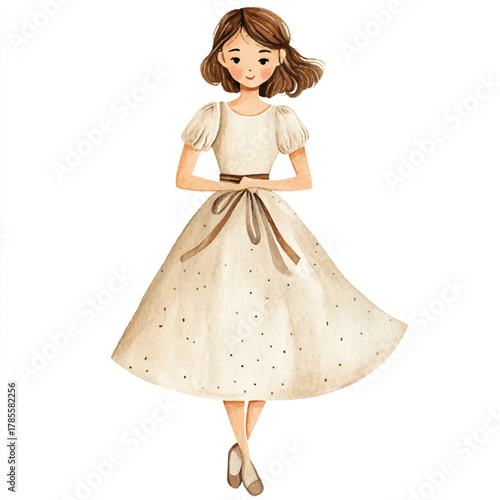 Elegant Woman in Vintage Dress with Brown Ribbon and Polka Dots.
