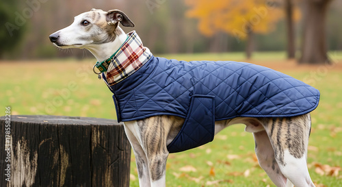Whippet Dog Wearing a Quilted Navy Blue Coat in Autumn Park