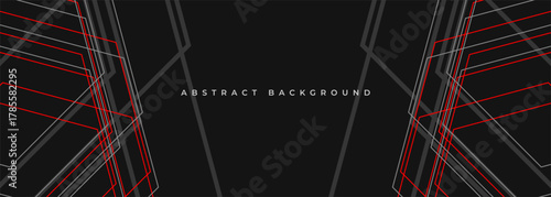 Black abstract modern horizontal banner design with gray and orange geometric lines and outlines. Dark futuristic wide background concept. Vector illustration