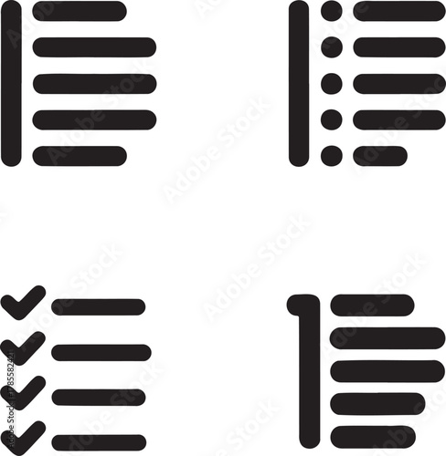 Black and White Task Management Icons – Bullet, Numbered, and Completed Lists 