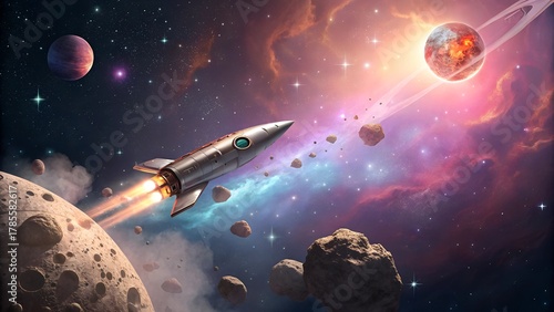 A sleek rocket speeds through an asteroid field, leaving fiery exhaust against a vivid nebula and distant planets in deep space.