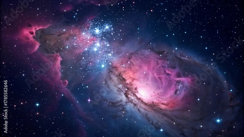 A glowing pink and blue nebula swirls through deep space, scattered with bright stars and dense clusters shining in the cosmic dark.