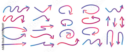 Hand Drawn Arrow Collection in Gradient Colors Pointing in Different Directions for Presentations and Design Projects