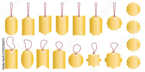 Set of gold holiday price tags and tags. Shiny label and badge mockups. Stickers for sales, offers, discounts, vector graphics