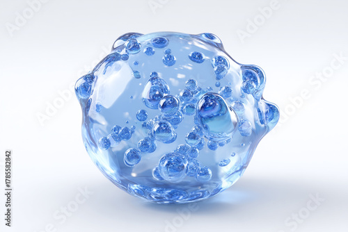 A clear blue liquid globule filled with many tiny sparkling bubbles against a soft light background showing smooth surface reflections