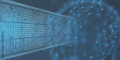 Digital stream of binary code flowing into a connected network of nodes data technology