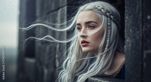 A pensive princess with white braided hair gazes intensely from a castle window on a windy day, creating an ethereal and dramatic mood.
