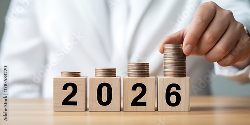 Hand stacking coins on wooden blocks with year 2026 money currency
