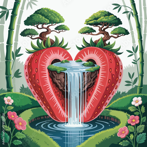 Heart-shaped strawberry waterfall within a vibrant fantasy garden Vector illustration