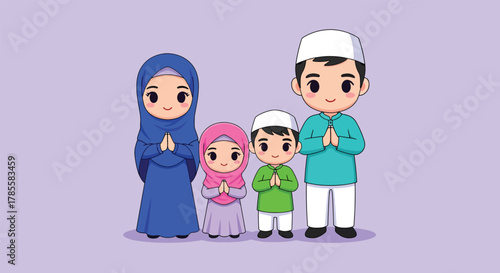 A Muslim family of four dressed in traditional attire stands together with hands clasped in prayer.