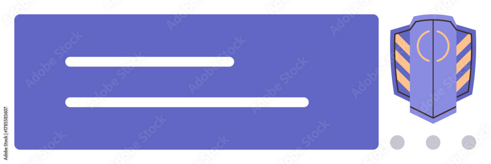 Obraz premium Horizontal layout with two text placeholders on blue card next to shield icon. Ideal for online security, user profiles, cybersecurity, defenses, authentication, branding, simple flat metaphor