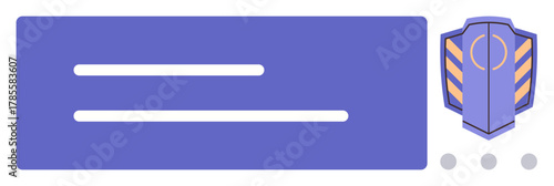 Horizontal layout with two text placeholders on blue card next to shield icon. Ideal for online security, user profiles, cybersecurity, defenses, authentication, branding, simple flat metaphor