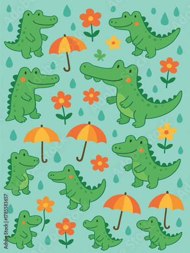 Simple Retro Style Alligator Print with Flowers and Raindrops