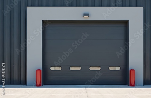 Modern dark grey sectional garage door with small windows. Industrial building facade features corrugated metal siding. Red bollards mark entrance.