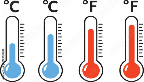 Thermometer Icons Set – Celsius & Fahrenheit Temperature Measurement Vector Illustration