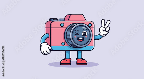 Adorable Cartoon Camera Character Winking and Showing Peace Sign.