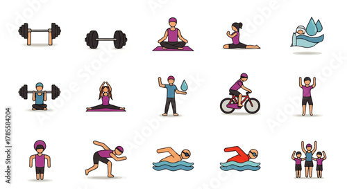 A comprehensive collection of flat design vector icons representing various fitness activities, sports, and healthy lifestyle choices for modern digital projects