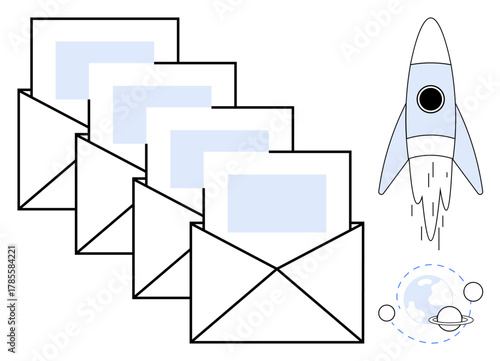 Multiple envelopes with messages beside a launching rocket symbolizing growth, innovation, and global reach. Ideal for communication, marketing, startup, technology, success, email campaigns digital