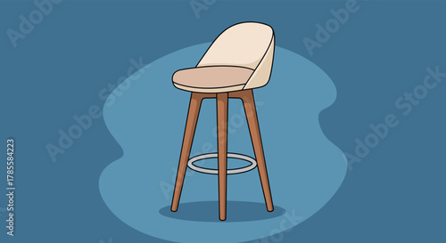 An elegant illustrated bar stool with a light-colored upholstered seat and back, featuring four sturdy wooden legs and a circular footrest, against a blue backdrop.